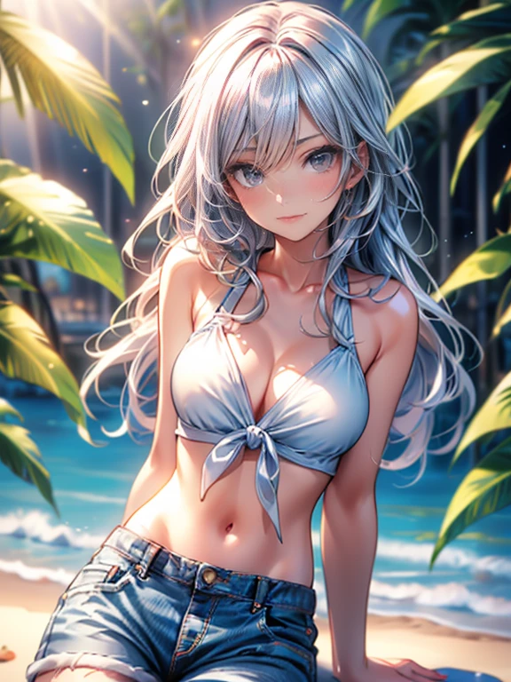 cute girl, masterpiece: 1.2, highest quality, 16k, ultra-realistic, photorealistic: 1.37, beautiful detailed, cute girl, picking up a conch shell, sitting in wariza on the sandy beach, (bikini tops+white t-shirt, the hem is tied above the hips:1.2,seethrough bikini , denim shorts), middle breasts, through bangs, long eyelash, sparkling eyes, shining rosy lips, beautiful and delicate (hair, face, eyelash, eyes, pupils, lips, hands, thigh), Perfectly proportions body, cute realistic face