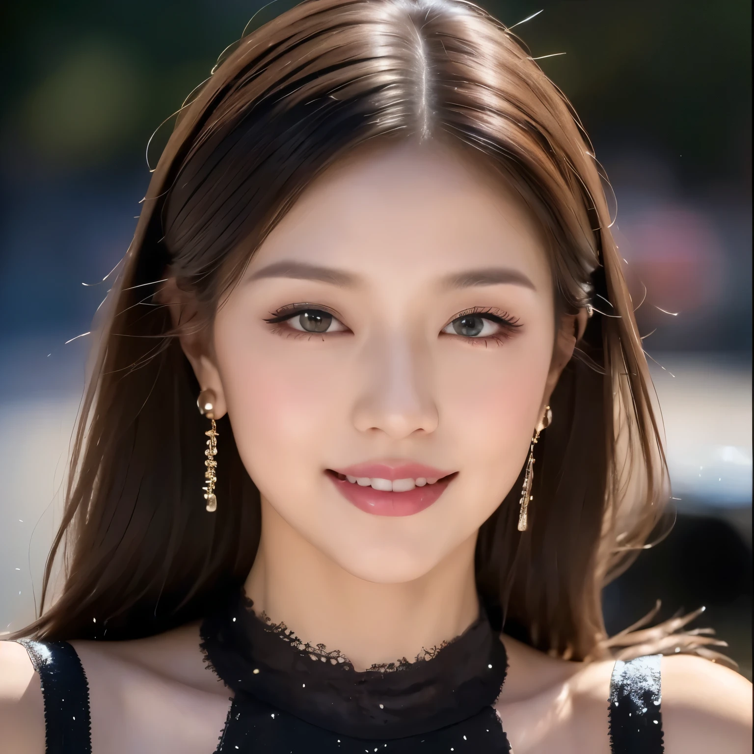 ((highest quality, 8k, masterpiece :1.3)), 1 girl, smile, whole body, Slim face, Beautiful woman, (Dark brown hair), Evening Dresses :1.1, Highly detailed face, Fine Eyes, double eyelid, Blur the background, Slim face, city, outside, street,