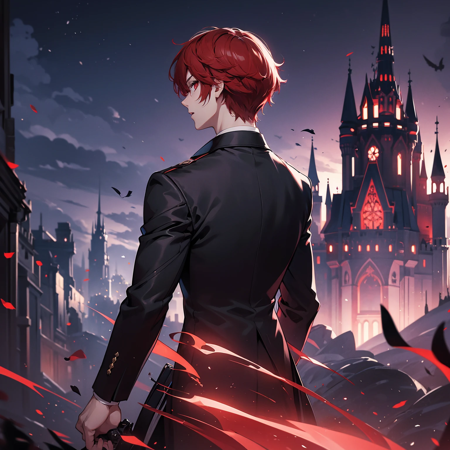 boy , short red hair, red eyes, wearing black suit, castle, purple lights, high res, ultrasharp, 8K, masterpiece, looking at viewer from behind