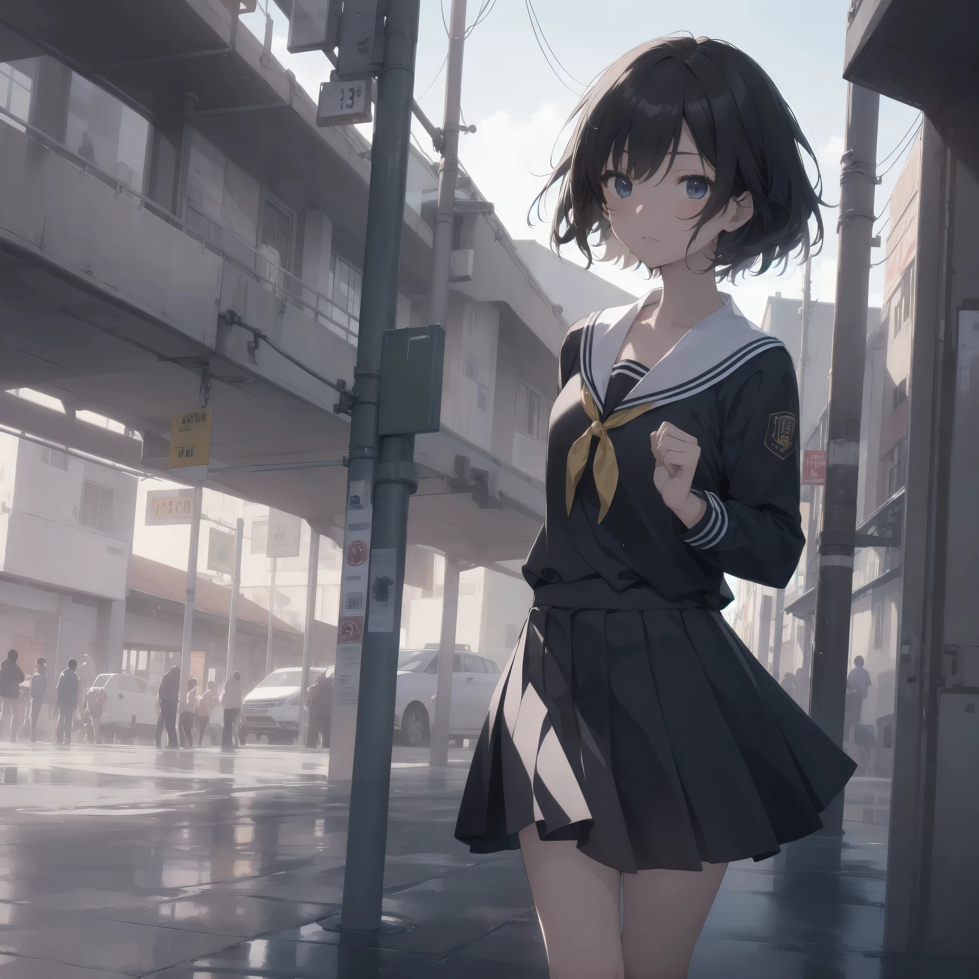 ultra-absurdres-Top quality by artist God, ultra-detailed, high resolution, anime moe artstyle, best anime 8k konachan wallpaper, pixiv contest winner, pool:2810, perfect anatomy,break, 1girl, (Please draw a girl walking sleepily to school alone. )break,(Solo,little female, 13-year-old:1.3),Full limbs, complete fingers,a junior high school student, (very short hair), short cut, flat chest, , small butt, small black eyes, beautiful detailed eyes, well-proportioned iris and pupils, expressive eyes, highres detailed hair, soft expression, salor school_uniform, sailor collar, serahuku, bow, pleated skirt,(Detailed Lighting), (Detailed background), in the School commute route. break,super detailed skin, Best cinematic lighting powered by famous artist, 8k,beauty illustration,photoshop_(medium),very aesthetic,break,((artist:abubu )), artist:clamp ,artist:carnelian ,artist:kantoku ,