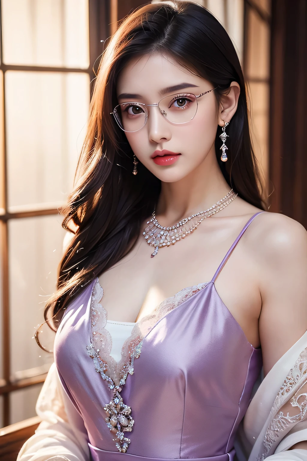 Top CG, Highest image quality, masterpiece, Gentle and beautiful girl, (185cm美女), (fit), Imperial sister, Queen temperament, White skin, ((Long legs)), perfect facial features, Bright Eyes, Seductive pose, Red lips, Beautiful and cold (A major breakthrough)), Beautiful and heroic, Soft and long hair, Glittering, Lace, net, Visible through clear skin, wear glasses, diamond earrings, ruby neckLace, (Purple dress), 8K Image Quality, (Realistic Portraits), Characters fill the screen, (Facial lighting), ((eternal)
