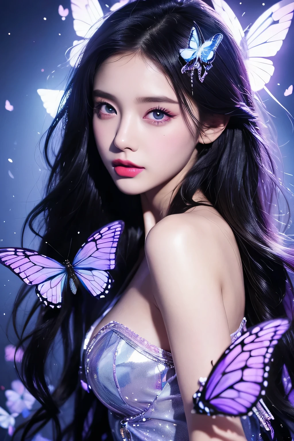 one-girl，Purple butterfly anthropomorphic，solo，Sparkling picture，shiny long black hair，Highlights of facial features，putting makeup on，Redlip，Eyes as bright as the Milky Way，Butterflies emit blue fluorescence，The girl is like a butterfly fairy，Purple lighting，Highest image quality，Best Masterpiece，Highest image quality，A high resolution