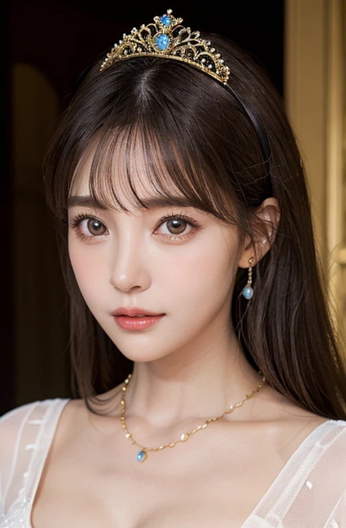 Princess , in castle, high quality, super quality, (detailed face:1.4) ,beautiful woman , golden eyes, long hair , tight gorgeous dress, tiara, necklace , earring , sharpe eyebrow , beautiful bangs are covering her eyes , huge breast ,upper body , model pose