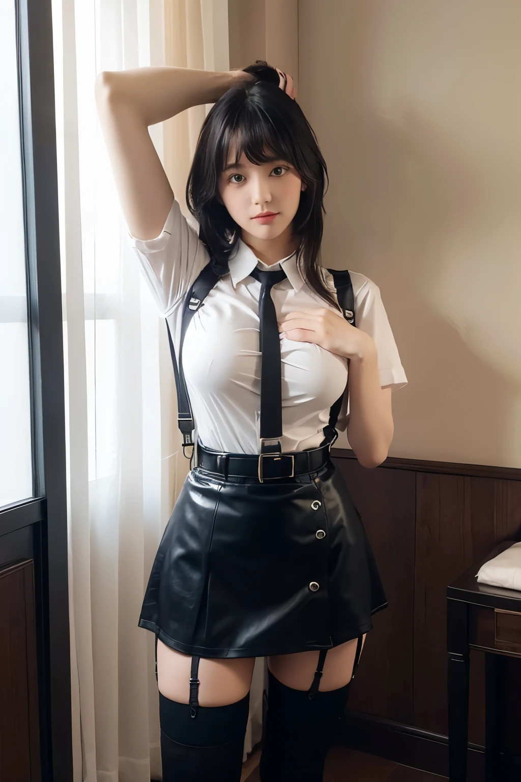 suspenders Large swollen breasts Black mini skirt garter belt Knee-high socks bangs Beauty Hands up Black boots one person Dress shirt Hands Behind Back put your hands behind your back With your hands behind your back Armament holster A room at the Belt Hotel Bed Wall side