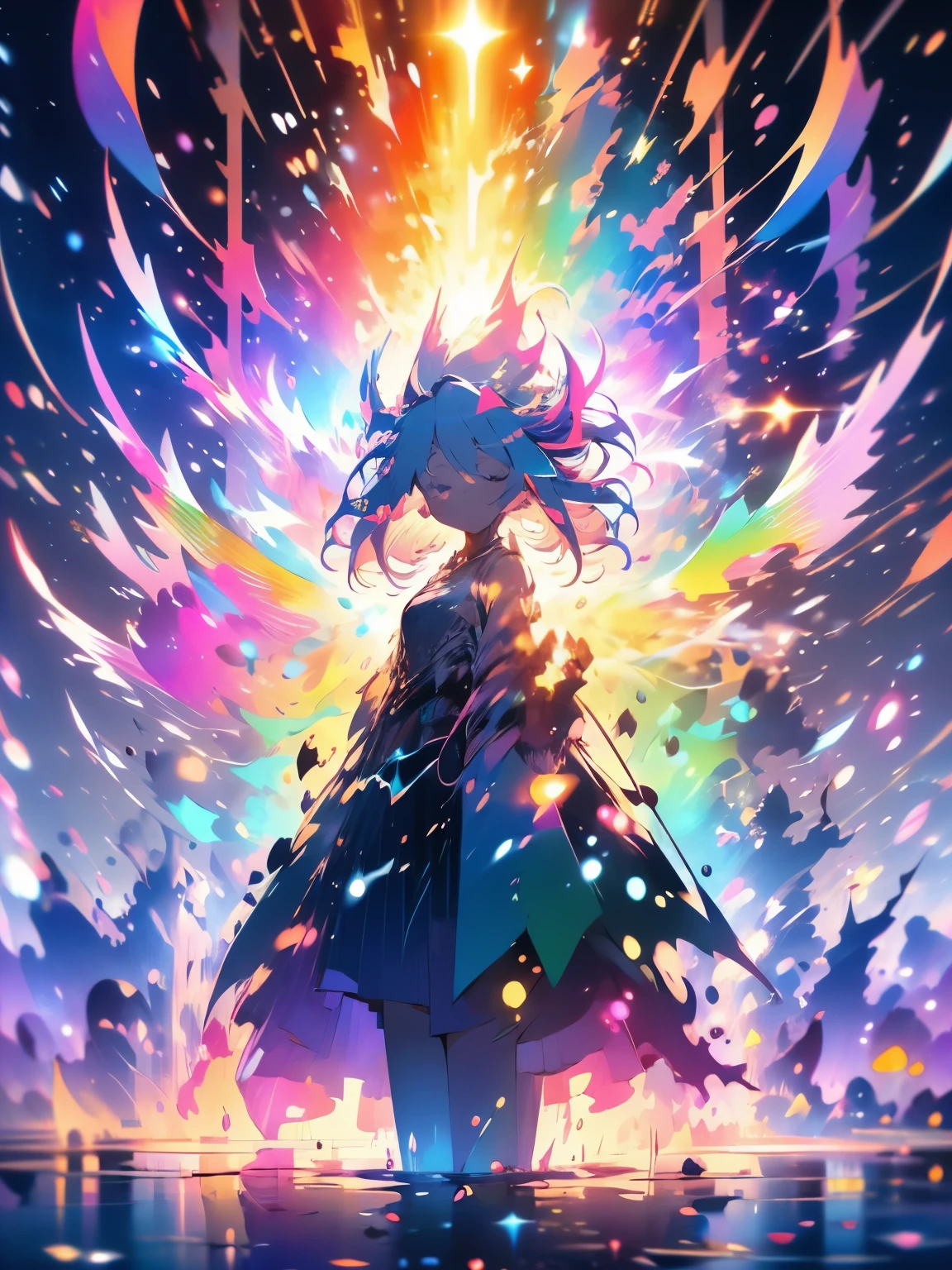 1 Magical Girl, Stand on the water with your eyes closed, Floating in the air, Lots of splashes, Neon Light, The light reflects off the water、Shining, Fantastic illustrations, Mysterious Light, Light on a dark background, 8K, 16K, Colorful light lines, (((masterpiece:1.4))), (highest quality:1.4), (Ultra-high resolution:1.4), (best quality:1.2), (ultra detail:1.3), 