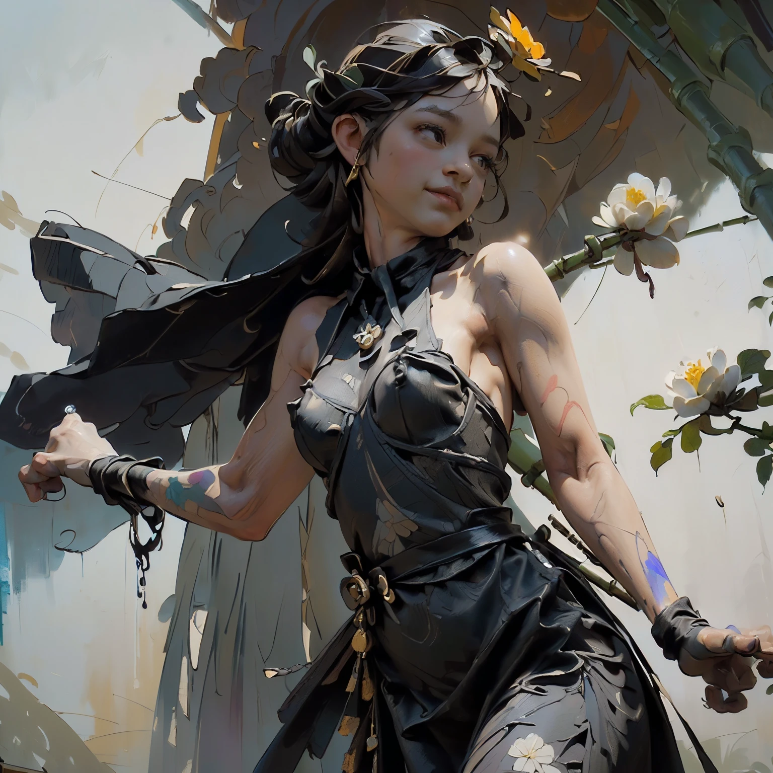 ((Create), (young girl, 16 years old, naked, full growth, dark hair, light skin, scarlet lips, smile; black, expressive playful eyes, long eyelashes), (female naked body, fantastic space), (flowers, chrysanthemum lilies, peonies, 1 full-length girl-solo, beautiful breasts), (girl, bare shoulders, (ecchi0.5), lips, splash of water, (Flowers:0.6), (birds:0.2), (bamboo0.1) , (lakes), (very beautiful, naked girl, full height, relaxed pose, slight turn of the body, facing the viewer, beautiful small breasts), (dressed; black translucent chiffon dress, gold line, very short peignoir dress), (calm relaxed pose, hair fluttering in the wind, half turn, look at the viewer, stylish girl model)).((Background - fantastic space, flower garden, graphic clear line, stylized - graphic, (lily flowers, peonies, chrysanthemums ) - (stunning blooming irises; (purple, yellow, blue, white), (modern style, modern, very beautiful young girl). (High quality, masterpiece). ((The highest quality of workmanship, realism, oil painting, modern brushwork, the hand of a master, grace, simplicity of execution)).