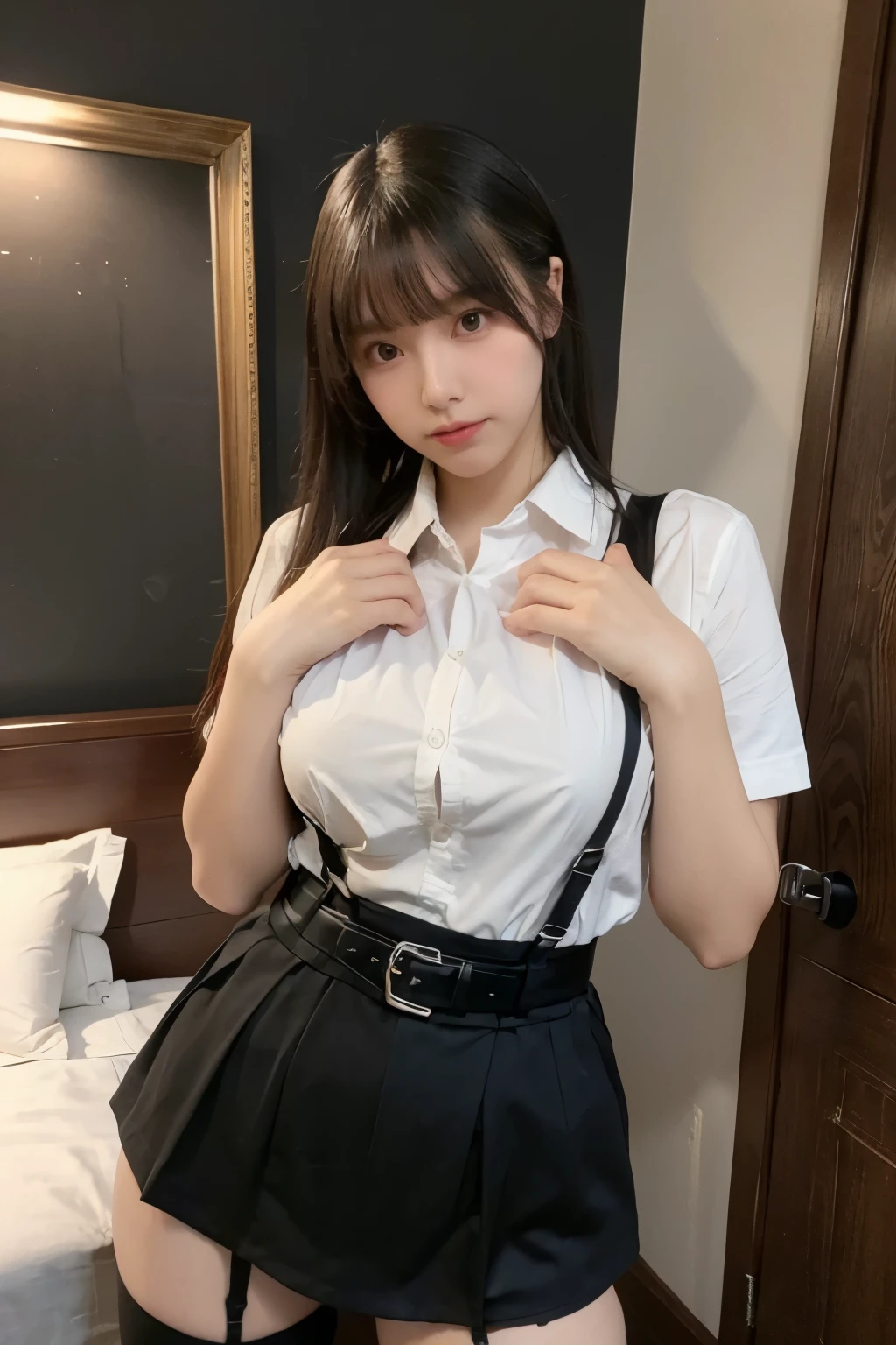 suspenders　　　Large swollen breasts　　 　 　　　　Black mini skirt　garter belt　Knee-high socks　　　　　　　bangs 　　　　　Beauty　　Hands up　　 　　Black boots 　　　　one person 　　　Dress shirt　　　Hands Behind Back　put your hands behind your back　　With your hands behind your back　Armament　holster　　A room at the Belt Hotel　Bed　Wall side 　Armpit sweat