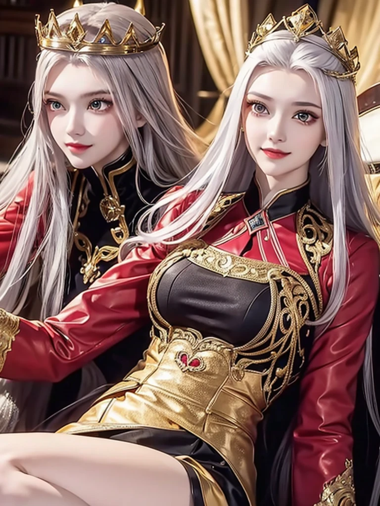 1woman, gold suit, as supreme queen, crown, smile, red eyes, white hair colour, long hair,