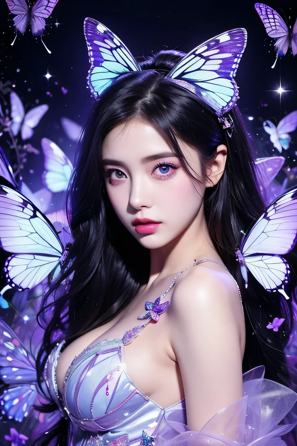 one-girl,Purple butterfly anthropomorphic,solo,Sparkling picture,shiny long black hair,Highlights of facial features,putting makeup on,Redlip,Eyes as bright as the Milky Way,Butterflies emit blue fluorescence,The girl is like a butterfly fairy,Purple lighting,Highest image quality,Best Masterpiece,Highest image quality,A high resolution