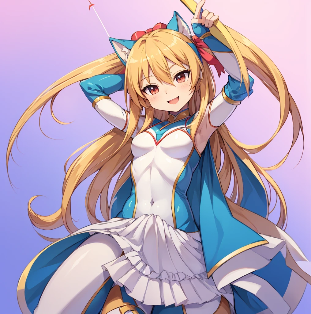 a drawing of a woman with a bow and arrow in her hand, pose(arms up + happy), hands behind her body pose!, anime pose, pudica pose gesture, clean anime outlines, outlined!!!, fully body pose, full body zenkai! asuka suit, with arms up, sketchy artstyle, gesture drawn, holding a pudica pose