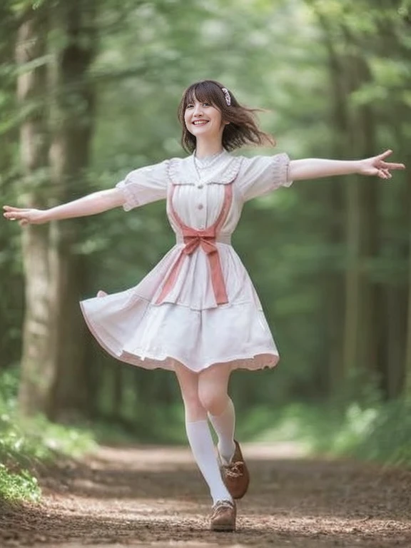 リアルな写真image quality、8kimage quality、She wore a dress and white shoes20Old Japanese woman dancing, Cute playful pose of the dancer, Smile like a fairy, Ruffled Costume, Cute Japanese Girl, In a dress, Spin around, Wearing long, loose clothing, Forest Fairy, Girl walking in the forest、Small Mouth、A pure and gentle expression、Small Nose、looking at the camera
