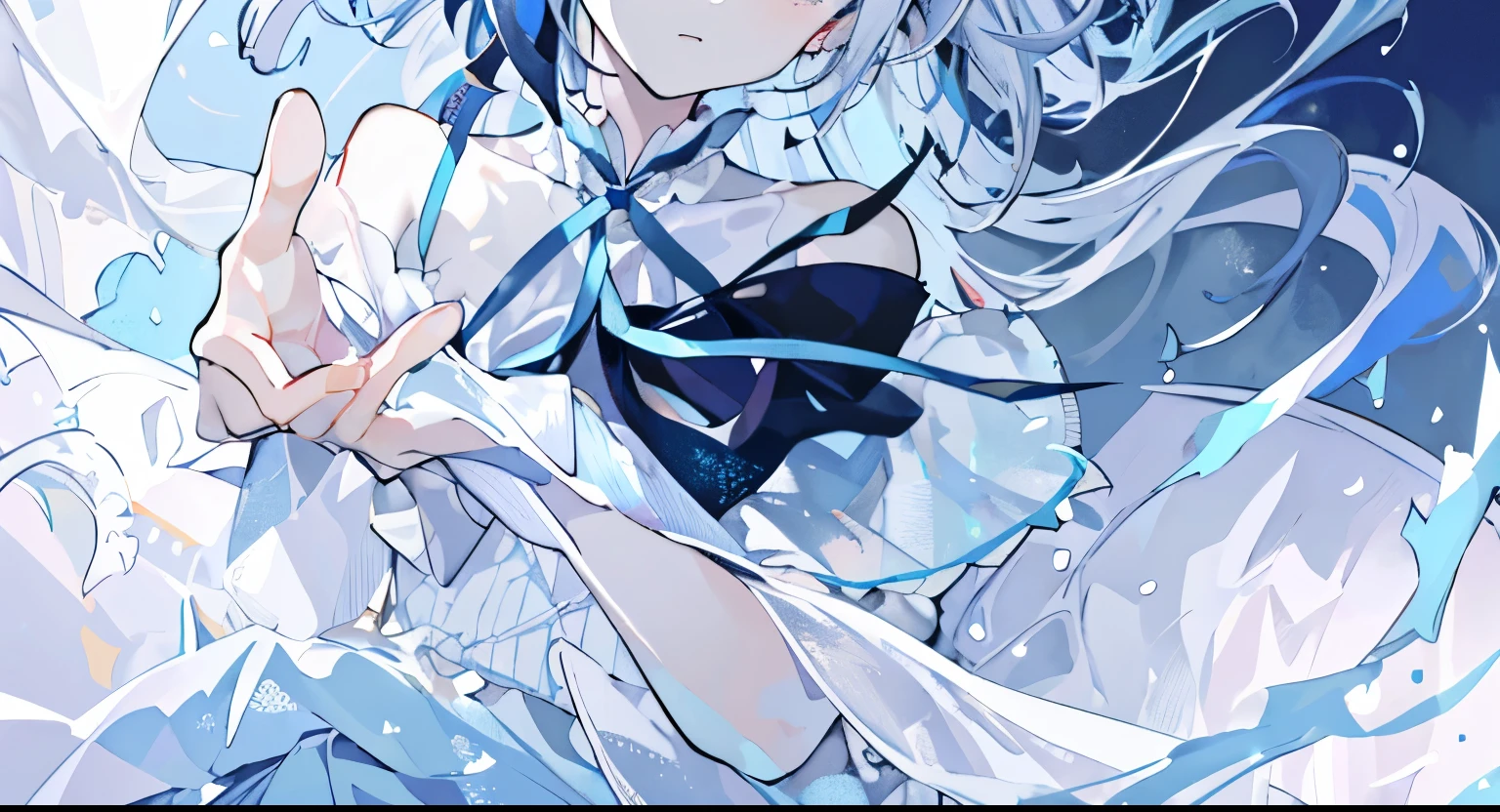 Triangular fragments, triangular fragments, pastel colors, transparency, transparent watercolor, dynamic, depth of field, high quality, fantastic, haze, light, eyes emitting light, eyes that emit pale light blue light, very long waist ribbon , dark blue ribbon, spreading dress, pannier, neat spreading skirt, sandals, ankle ribbon, dark blue hair, gradation hair, pale light blue tips, neck ribbon, off-the-shoulder dress, waist ribbon, fantastic Smoke, pale light blue smoke, many pieces, pastel colored pieces, scattered pieces, expressionless, hands outstretched, glitter, backlight, wind surrounding the girl, transparent dress, fine touches, details, very detailed. Painting, shading