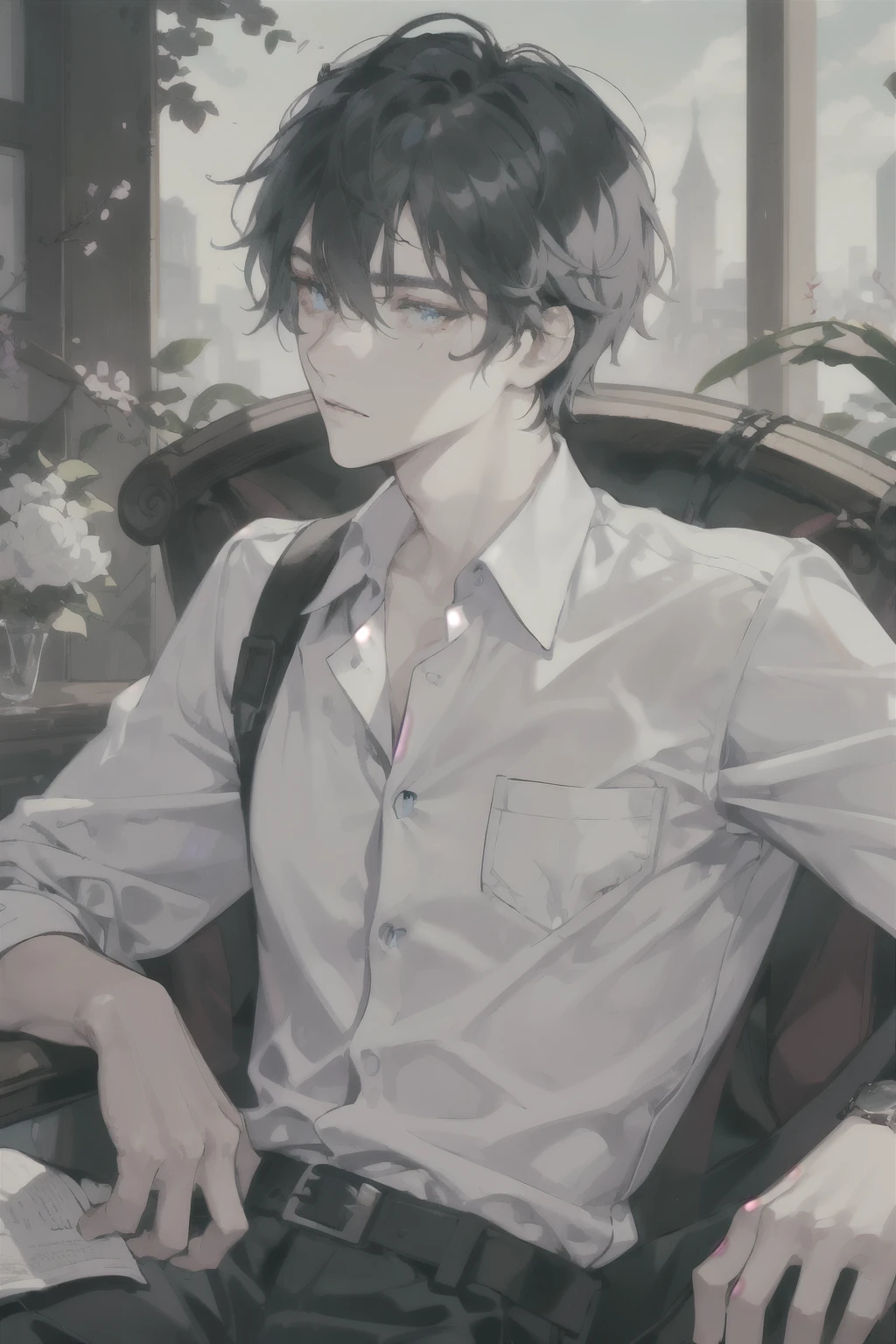 masterpiece, best quality, ultra detailed, (solo man), (male focus), ((Oblong face)), ((Square jawline)), black hair, ((hairs between eyes)), ((shoulder length)), ((narrow blue eye)), fair skin, skinny body, beauty mark, {uniform, outfit, clothes}, dress shirt, watch, big albino snake tangled, Deep in thought, sitting on chair