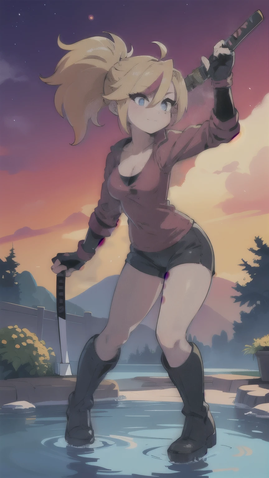 (best quality:HD, Colorful, 1.2),solo,1girl,mdrin,smile,looking at viewer,lovely pose, ponytail,v-shaped eyebrows,red shirt, fingerless gloves,black shorts , garden background, warm color tones,soft lighting, Hair over one eye, ultra long hair, dinamic pose, long boots, long ponytail, blonde, cleavage , holding a perfect katana sword, 