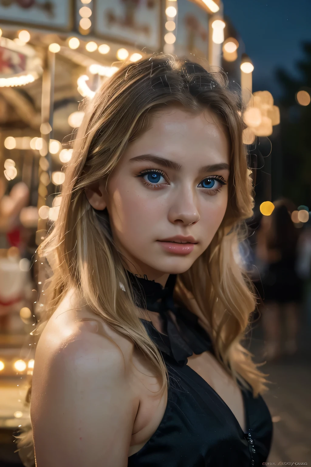 (8k, RAW photo, best quality, masterpiece:1.2), (realistic, photo-realistic:1.37) , 1beautiful Russian 18 years old  girl, (carousel, night), miaoxiaoji(secret_tea), detailed face, detailed blue eyes and blonde hairs, black dress