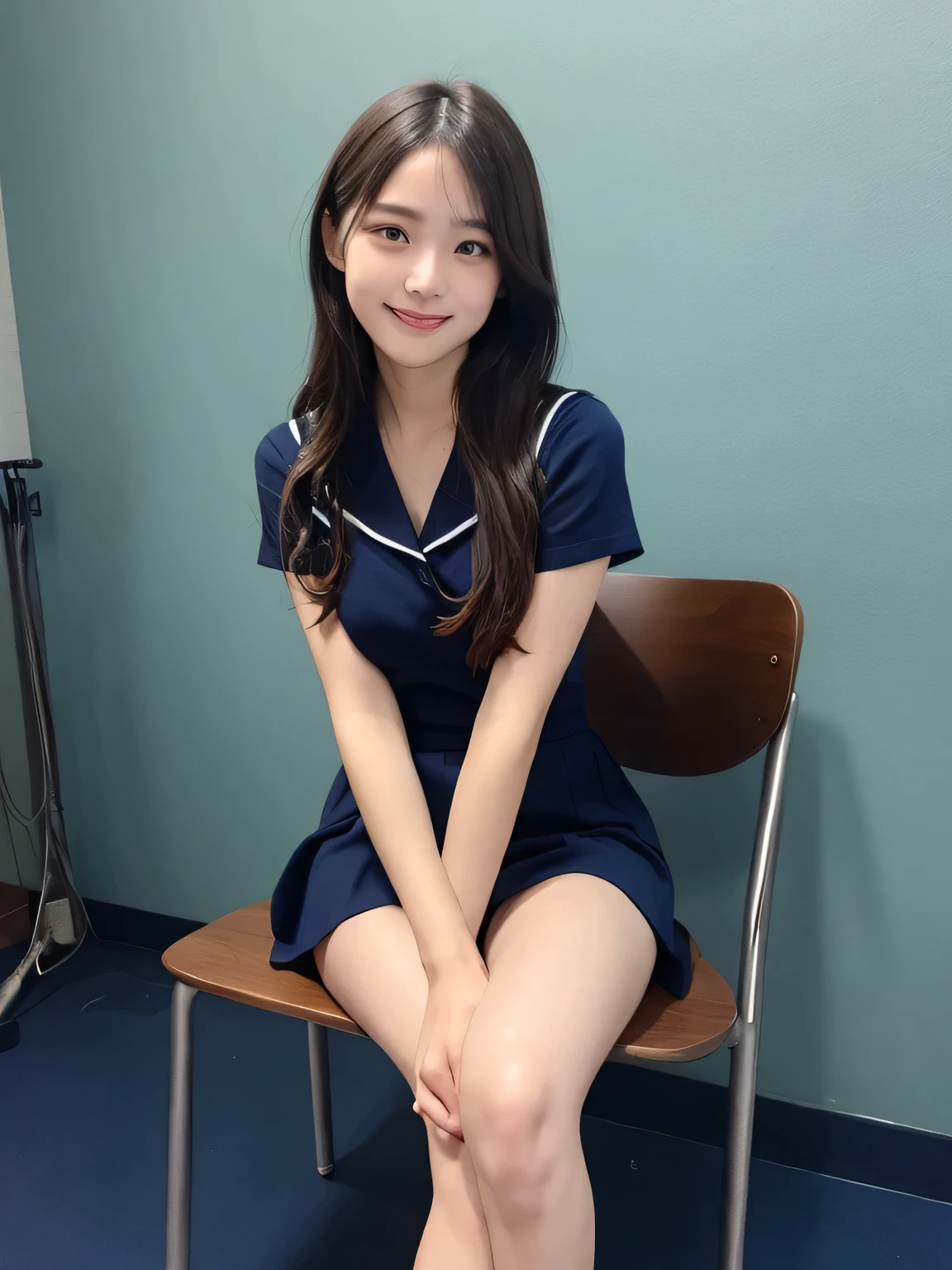 In detail,Full body photo、 One high school girl、High resolution, high quality、Slim body、Perfect dynamic composition, Beautiful fine details, Natural Shorthair、Natural color lip,Kamimei、、Clear Skin、Navy blue sailor suit with short sleeves、Red mini skirt、Thighs、Shiny Hair、最high quality, figure, Very detailed, In detail, High resolution, 8k、The correct state of the human body、Sculpture model pose,Dark blue walls,Sitting in a chair、Thighs are visible、smile、