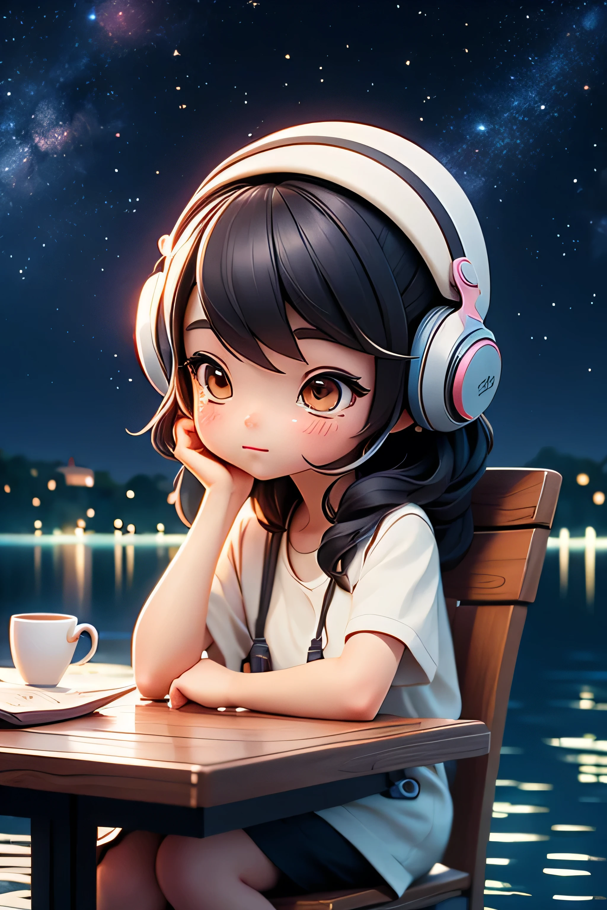lOfiMusic Japanese anime style Girl studying in a cafe earphone Warm lighting Night sky seen from the lake、Many Stars