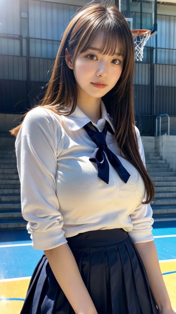 (RAW photo, 4k, masterpiece, high resolution, extremely complex) (realistic: 1.4), cinematic lighting
1 Girl,Slam Dunk's,blushing,((innocent)),Solo Focus, bright eyes,round eyes,blunt bangs,((straight hair:1.3)),black hair,large breasts,wide hips,Summer Noon, sunlight,Hot, (Best Quality), (Highres), (an Extremely Delicate and Beautiful),(Beautiful 8k face),(Brown eyes),(ulzzang-6500:1.0),(solo),( spectators),(gigantic breasts),(Slam Dunk),(Japanese high school uniform:1.3),blue skirt,((Play basketball)),((gymnasium)),((speed)),(reality),Basketball Court,bright lighting