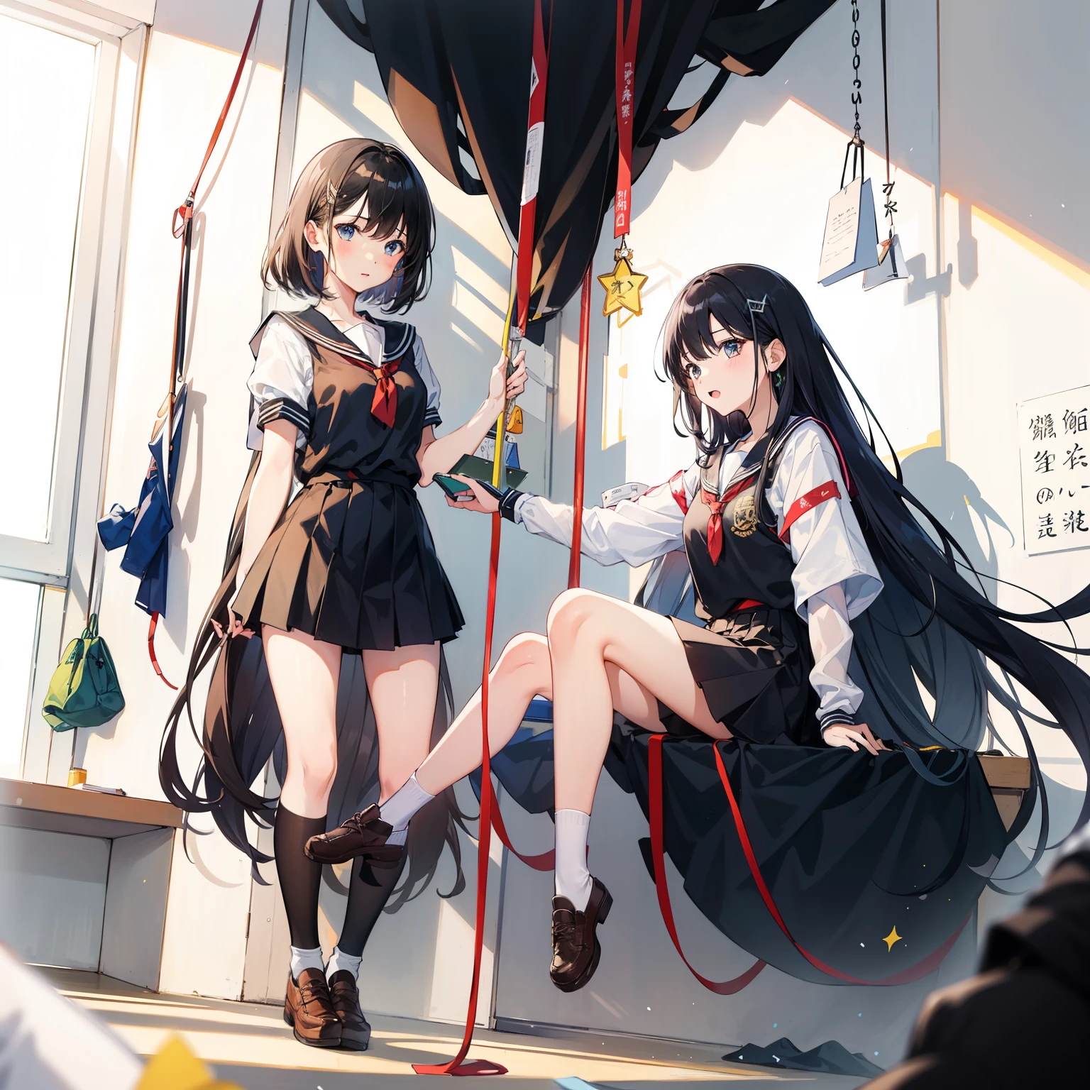 2 girls、student、student服、Chatting、classroom