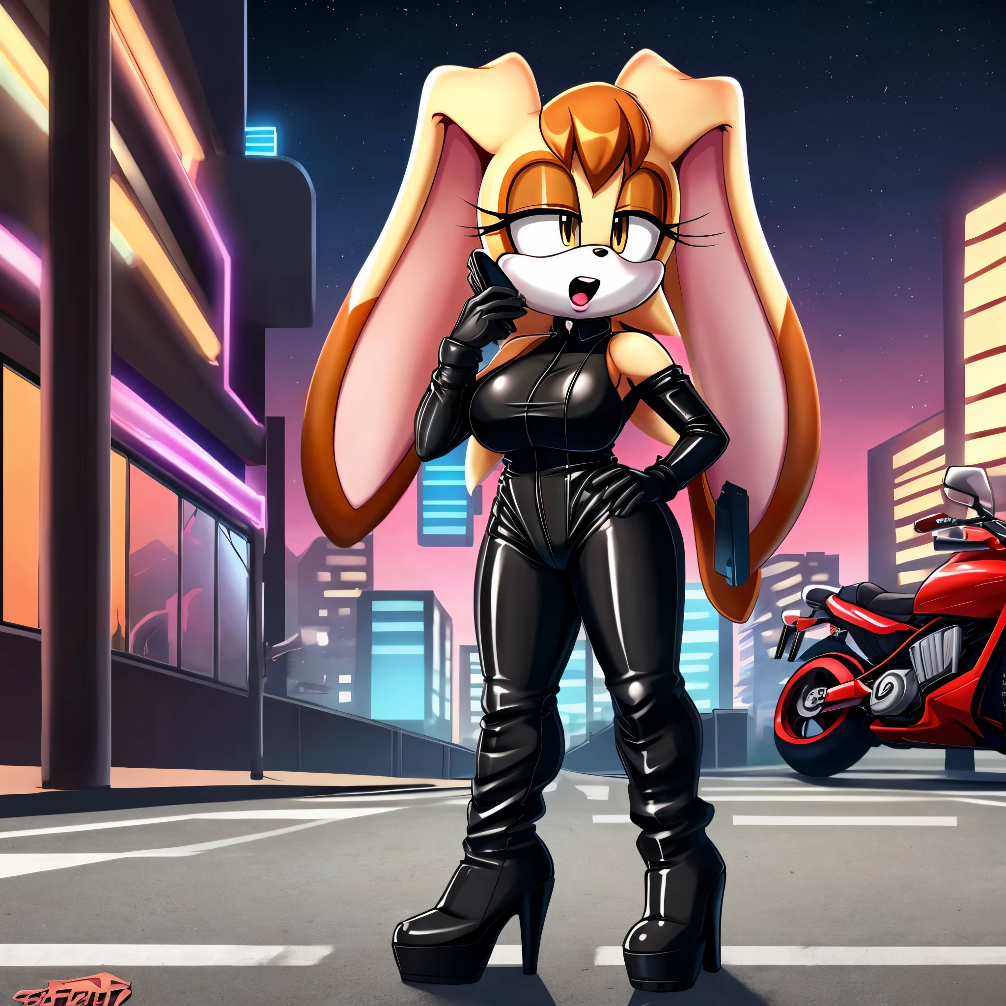 score_9, score_8_up, 2D, flat color, city background, side of highway, motorcycle, standing, 1girl, very detailed, extremely detailed, Vanilla the Rabbit from the sonic the hedgehog series, portrait, above shoulder, puzzled expression, sound lines, open mouth, (makeup), hair down, long hair, biker, (black long sleeve leather jumpsuit), (black high-heel leather boots), black gloves, large bust, milf, one hand on hip, one hand holding a phone