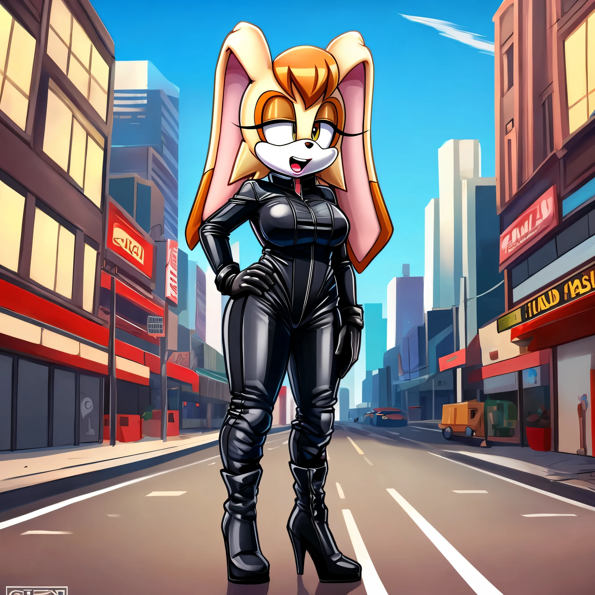 score_9, score_8_up, 2D, flat color, city background, side of highway, motorcycle behind, standing, 1girl, very detailed, extremely detailed, Vanilla the Rabbit from the sonic the hedgehog series, portrait, above shoulder, looking down, puzzled expression, confused, sound lines, open mouth, little bit of lipstick, (makeup), hair down, (long hair), biker, (black long sleeve leather jumpsuit), (black high-heel leather boots), black gloves, zipper slightly open, cleavage, large bust, milf, arms up, hands clenched 