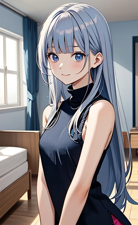 (masterpiece:1.4、top-quality、illustration)、(character focus、,upper body:1.3)、(1girl),(happy:1.3),(exact limbs:1.4),cute face,blue eyes、(tareme:1.3)、(),
(),(stand:1.4),、
(blue grey hair),(long hair:1.5)、
,(her room:1.3),(sleeveless turtleneck sweater:1.5),
(blunt bangs),(sidelocks:1.3), (small breasts)、
、slender、
