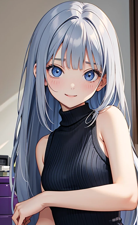 (masterpiece:1.4、top-quality、illustration)、(character focus、,upper body:1.3)、(1girl),(happy:1.3),(exact limbs:1.4),cute face,blue eyes、(tareme:1.3)、(),
(),(stand:1.4),、
(blue grey hair),(long hair:1.5)、
,(her room:1.3),(sleeveless turtleneck sweater:1.5),
(blunt bangs),(sidelocks:1.3), (small breasts)、
、slender、