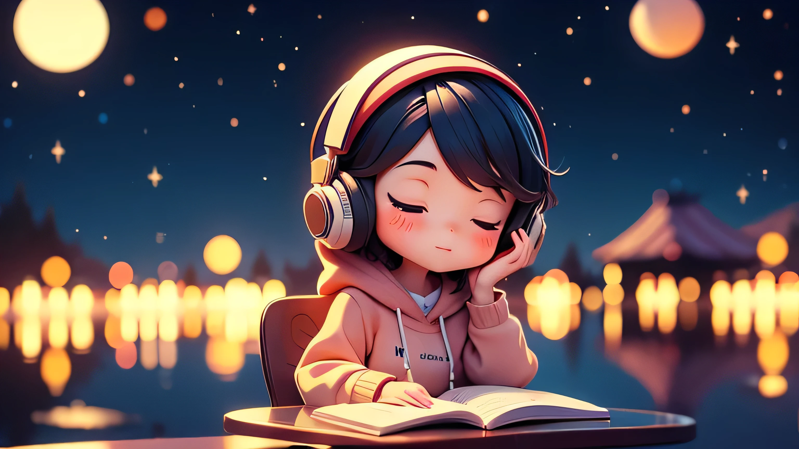lOfiMusic Japanese anime style Girl studying in a cafe earphone Warm lighting Night sky seen from the lake、Many Stars