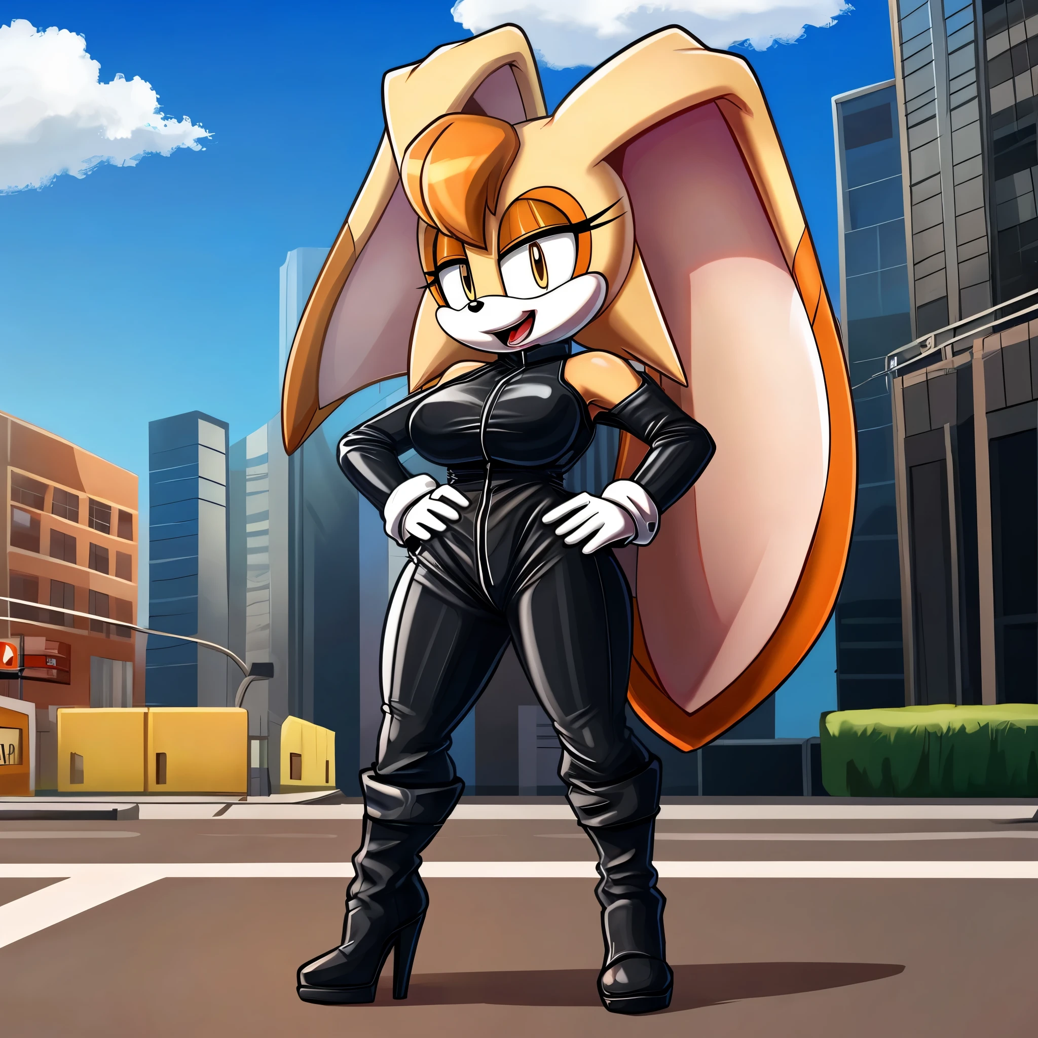 score_9, score_8_up, 2D, flat color, city background, side of highway, motorcycle, standing, 1girl, very detailed, extremely detailed, Vanilla the Rabbit from the sonic the hedgehog series, portrait, above shoulder, puzzled expression, sound lines, open mouth, (makeup), hair down, long hair, biker, (black long sleeve leather jumpsuit), (black high-heel leather boots), black gloves, large bust, milf, one hand on hip, one hand holding a phone