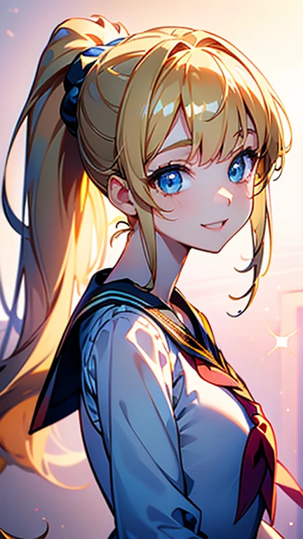 Best quality , masterpiece, Portrait、、Bright expression、ponytail、Young, shiny, white, glossy skin、Gloss Face、Shining Cheek Gloss、Small Face Beauty、The best beauty、The dazzling light of blonde hair、Bright blonde hair with dazzling highlights、Very beautiful shiny light blonde hair、super long silky straight hair、Her shiny, beautiful bangs are covering her eyes.、Sparkling, clear, attractive, bright, large, pale blue eyes、Very big eyes、eyeliner、very beautiful lovely cute 16 year old girl、young girl, Ample Bust, upper body , (smile:1.2) , ((((sailor suit , ponytail )))),school background