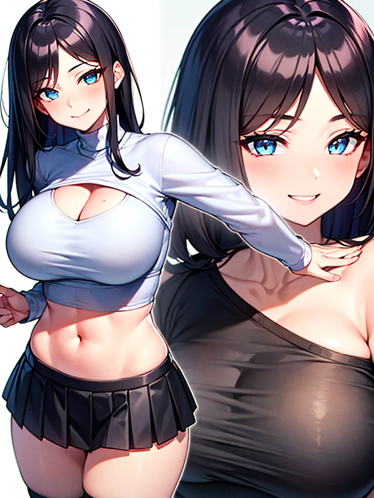 Girl, casual, sexy body, big breasts, cleavage, big hip, stockings, black pleated skirt with white line, white turtleneck shirt, crop top shirt, smiling, blushing, beautiful face, detailed face, very detailed eyes, long black hair, blue eyes, full body, high quality, detailed background, high resolution, shopping mall, 1 girl, 