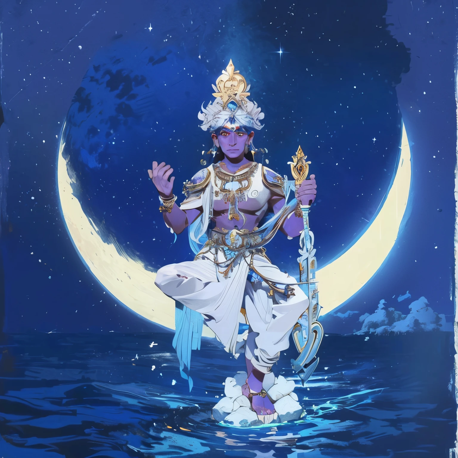 una pintura de un hombre sentado en una media luna con una vela, dios de la luna, dios indio, They hang, deidad masculina, hindu aesthetic, hindu god, puṣkaracūḍa, rayos de dios de la luz de la luna, por John Moonan, Dios de la luna, el dios del mar, dios lunar, dios indiodess, dios de la luna