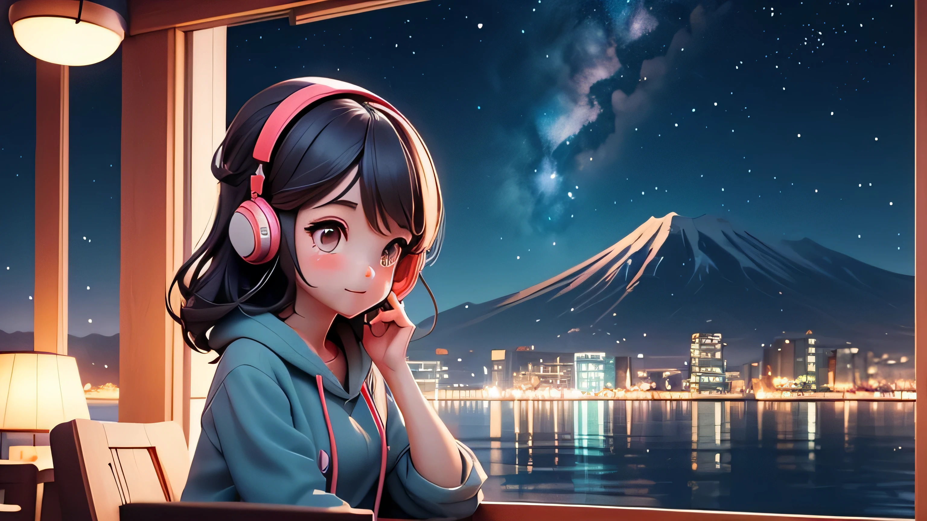 lOfiMusic Japanese anime style Girl studying in a cafe earphone Warm lighting Night sky seen from the lake、Many Stars