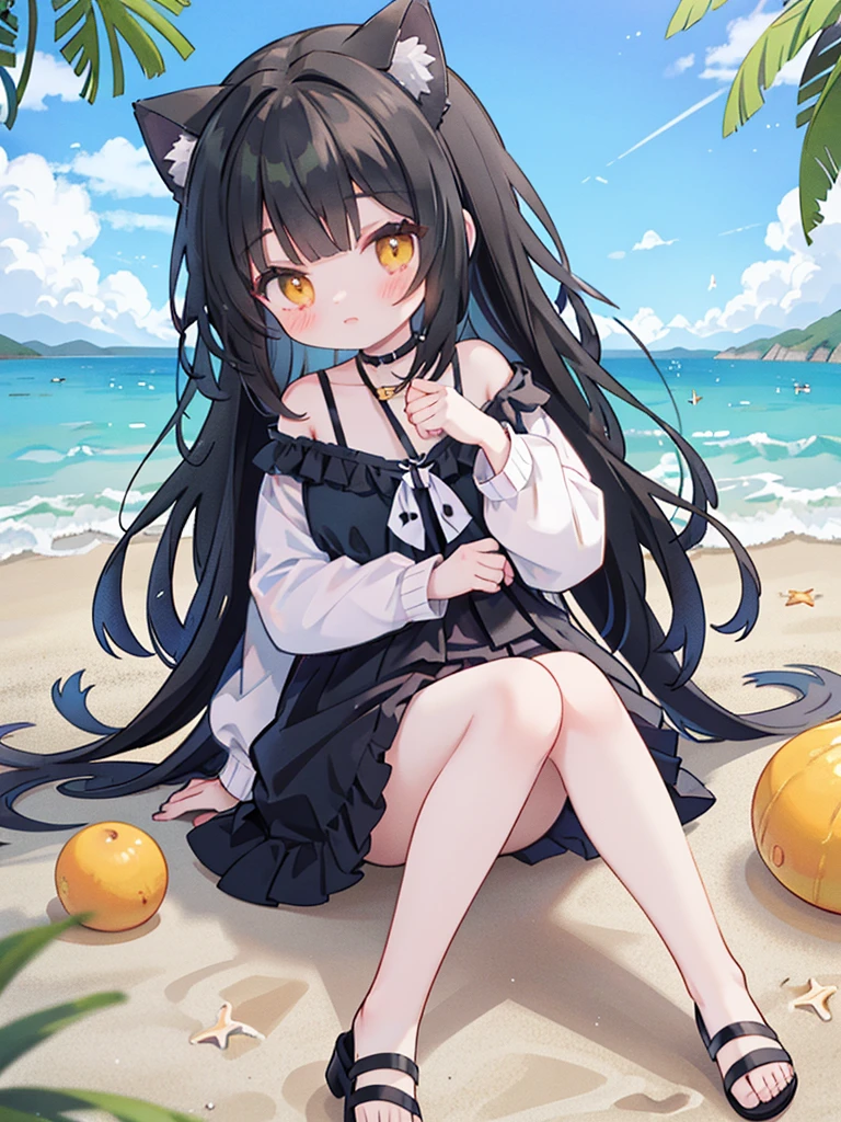 anime girl sitting on the beach with her cat ears up, At the beach, At the beach上,sitting,on the beach,shy,She was pushed down, seductive anime girl,photo poses,black hair,Yellow eyes, At the beach, in the sea, on a sunny beach, At the beach上, in the seaside,Wearing strappy heels,Black mini skirt,beautiful legs