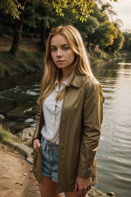 A girl with golden hair stands near the river