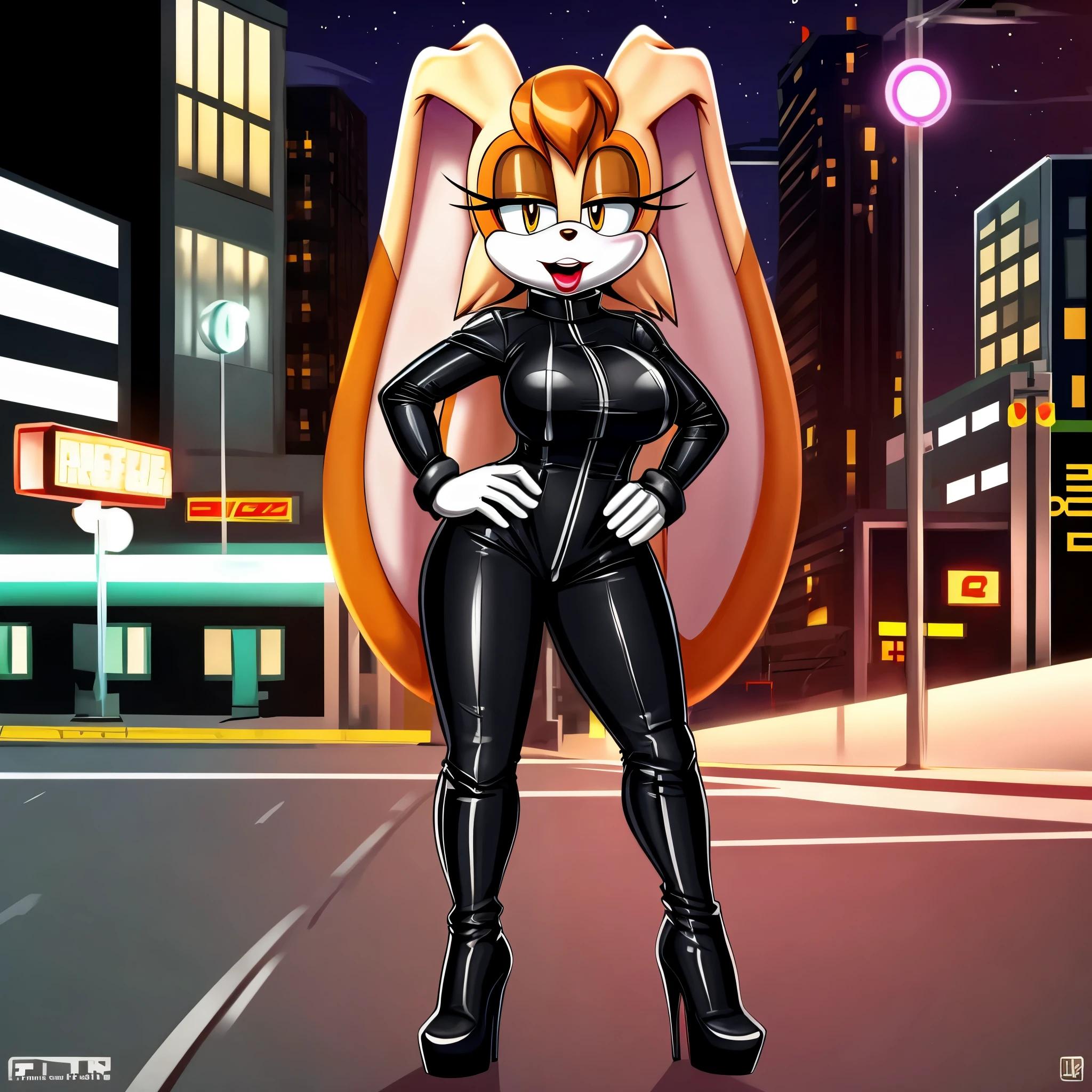 score_9, score_8_up, 2D, flat color, city background, side of highway, motorcycle, standing, 1girl, very detailed, extremely detailed, Vanilla the Rabbit from the sonic the hedgehog series, portrait, above shoulder, looking at viewer, puzzled expression, sound lines, open mouth, little bit of lipstick, (makeup), hair down, (long hair), biker, (black long sleeve leather jumpsuit), (black high-heel leather boots), black gloves, large bust, milf, one hand on hip