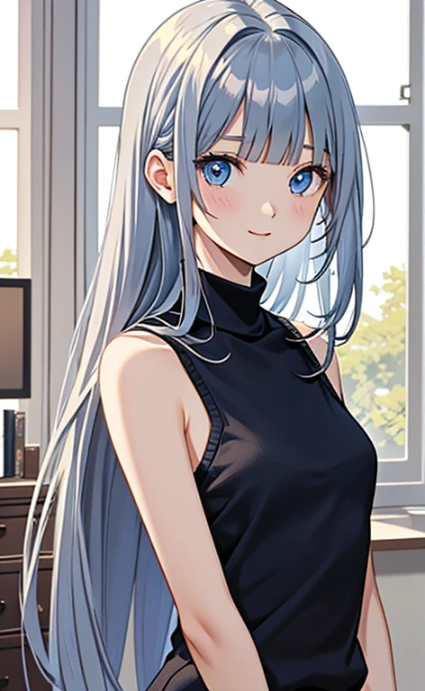 (masterpiece:1.4、top-quality、illustration)、(character focus、,upper body:1.3)、(1girl),(happy:1.3),(exact limbs:1.4),cute face,blue eyes、(tareme:1.3)、(),
(),(stand:1.4),、
(blue grey hair),(long hair:1.5)、
,(her room:1.3),（sleeveless turtleneck sweater:1.5),
(blunt bangs),(sidelocks:1.3), (small breasts)、
、slender、