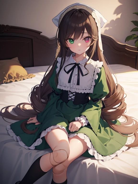 masterpiece, highest quality, Very detailed, 16k, Ultra-high resolution, Cowboy Shot, One ****************, Detailed face, Perfect Fingers, suiseiseki,  bonnet, head scarf, heterochromia, green dress, neck ribbon, twin drills, white socks, shoes, doll joints, Western-style building, classical European style bedroom, Sit on the bed