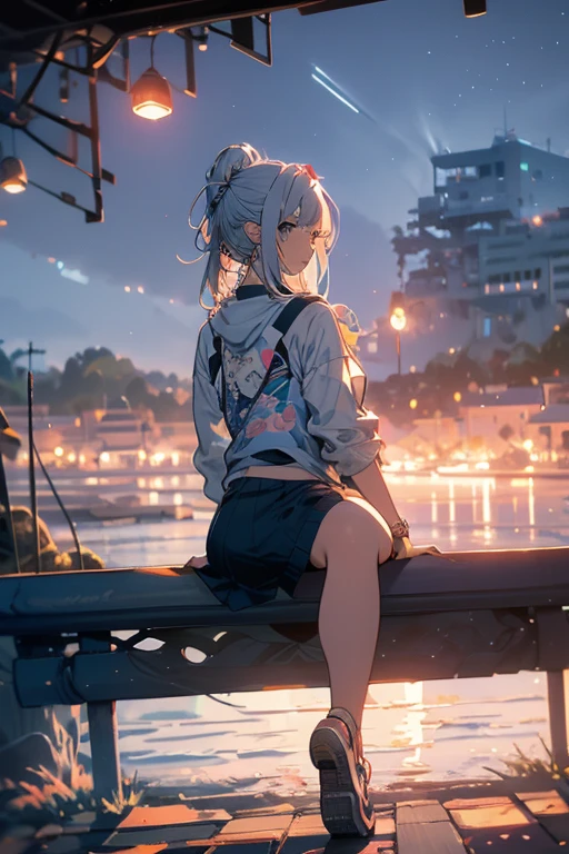 Relaxed character and white cat　anime girl sitting on a bench looking at the stars, anime art wallpaper 8 k, anime art wallpaper 4k, anime art wallpaper 4 k, 4k anime wallpaper, anime wallpaper 4k, anime wallpaper 4 k, anime style 4 k, 4 k manga wallpaper, watching the sun set. anime, anime girl desktop background, anime wallpaper, anime background