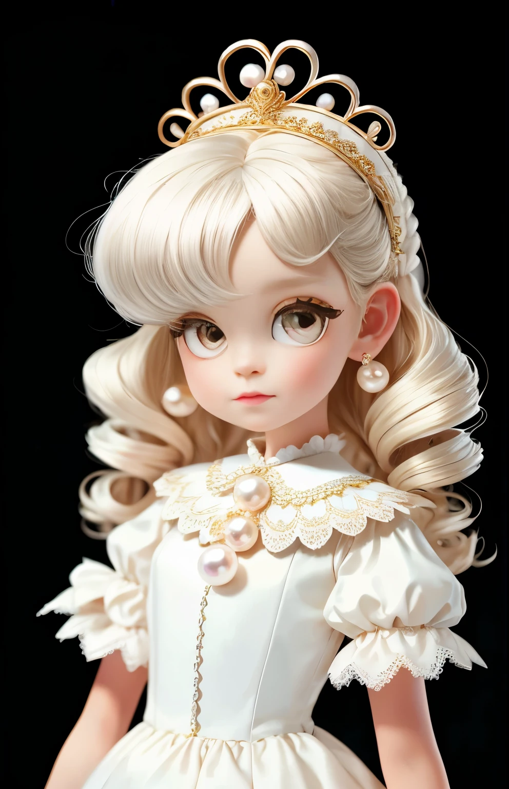 Woman with golden eyes, platinum hair girl, Pearl brooch in hair, Beautiful woman, White victorian dress with white tie, White ruffle detail on dress,Light summer victorian dress, lace collar,There is a sky blue ribbon around the neck , 18 year old girl, European girl with Korean and Greek features,((best quality)), ((masterpiece)), (High resolution:1.2), long hair, side bangs, Pearl hairpins, Popular hairstyles,