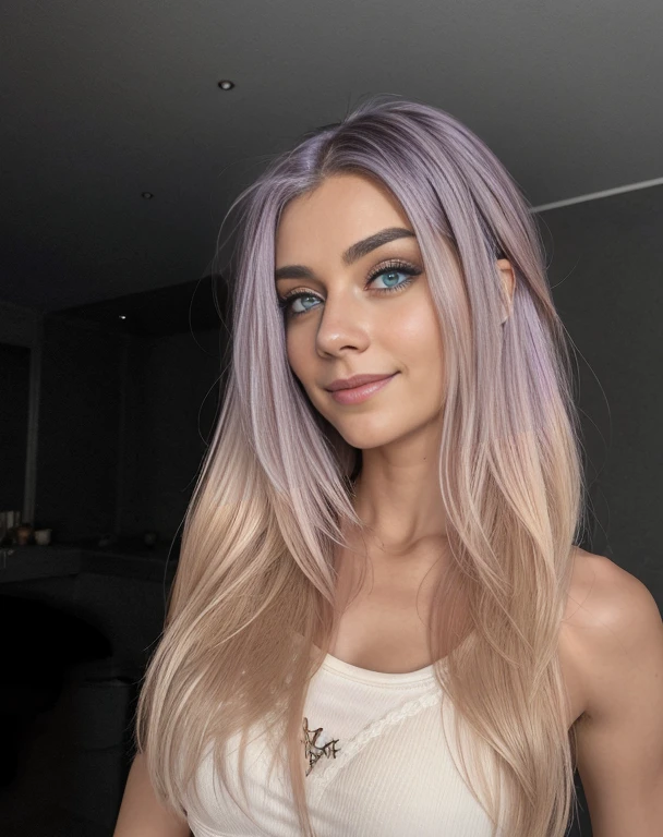 woman
 height 167 cm
 fit
 purple hair
 filigree figure perfect body
 blue eyes ,she little smileing
 stunningly beautiful woman,she is wearing black bra and thong ,extreme detail, 4k, ultra hd, hyperrealism, polished, photorealistic, backlight, hair light, 8k ultra hd. ,  ultradetaled elegant, beautiful face over , view in bathroom apartment