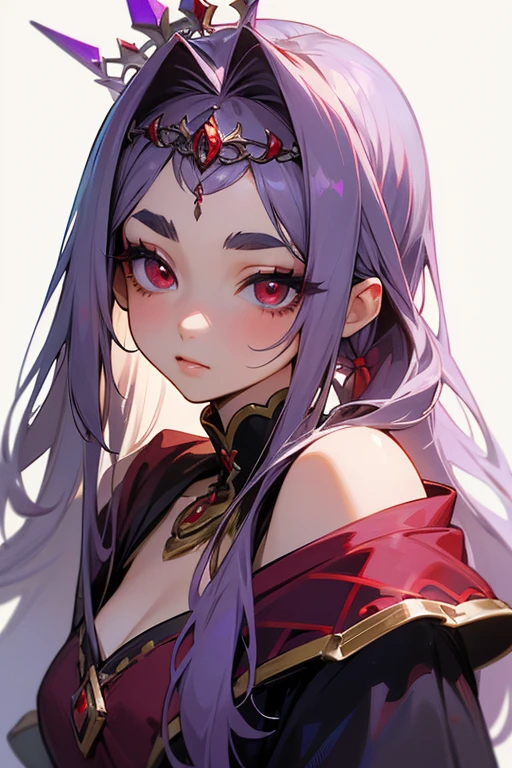 (highest quality, masterpiece:1.2), High resolution, Very detailed, Realistic:1.37, Fantasy, An illustration, Hair is whiteいです、Red eyes、Queen, Violet Dress.Platinum decoration、beautifully、Eyeshadow Red、Thick eyebrows、Long eyelashes、pupils are black、Hair is whiteい、Kissing Face、Embarrassing、Loved、ponytail、Hair is white、very cute、Shoulder Bare、platinum tiara、Beautiful hair ornaments、Adult Female Face、