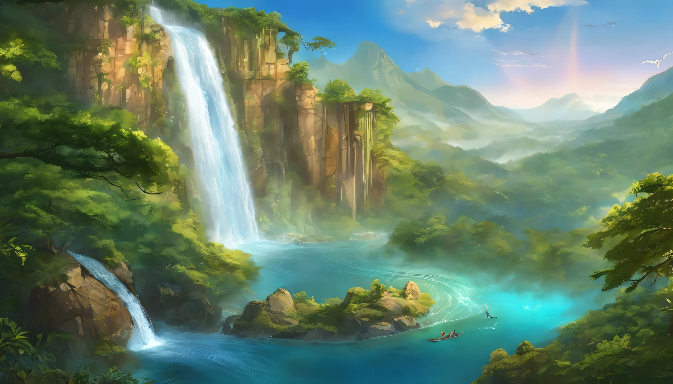 National Geographic style picture, Award winning,(best detailed: 1.5) a picture of a waterfall (coming out of a head of dragon carved on the stone of the cliff: 1.4), there is a huge rocky, steep cliff of a mountain on it there is (huge head of dragon: 1.3) carved on it, (best detailed: 1.3), from the mouth a massive, (epic waterfall comes out pouring and gushing: 1.4), there are several levels of the waterfall, you can see the force of the fall of the water, the water falls into a massive pool, of crystal clear water, in many shades of vibrant, full spectrum of blue, azure, verdant and green, the water are calm, and clear, there are some eagles flying by, a long shot, (the sun is rising and being reflected in the pool: 1.4), a tropical forest background, and a mountain range in the horizon, (photorealistic: 1.2), 16k, RAW, award winning, (best detailed: 1.5), masterpiece, best quality, (best detailed: 1.3), full body, ultra wide shot