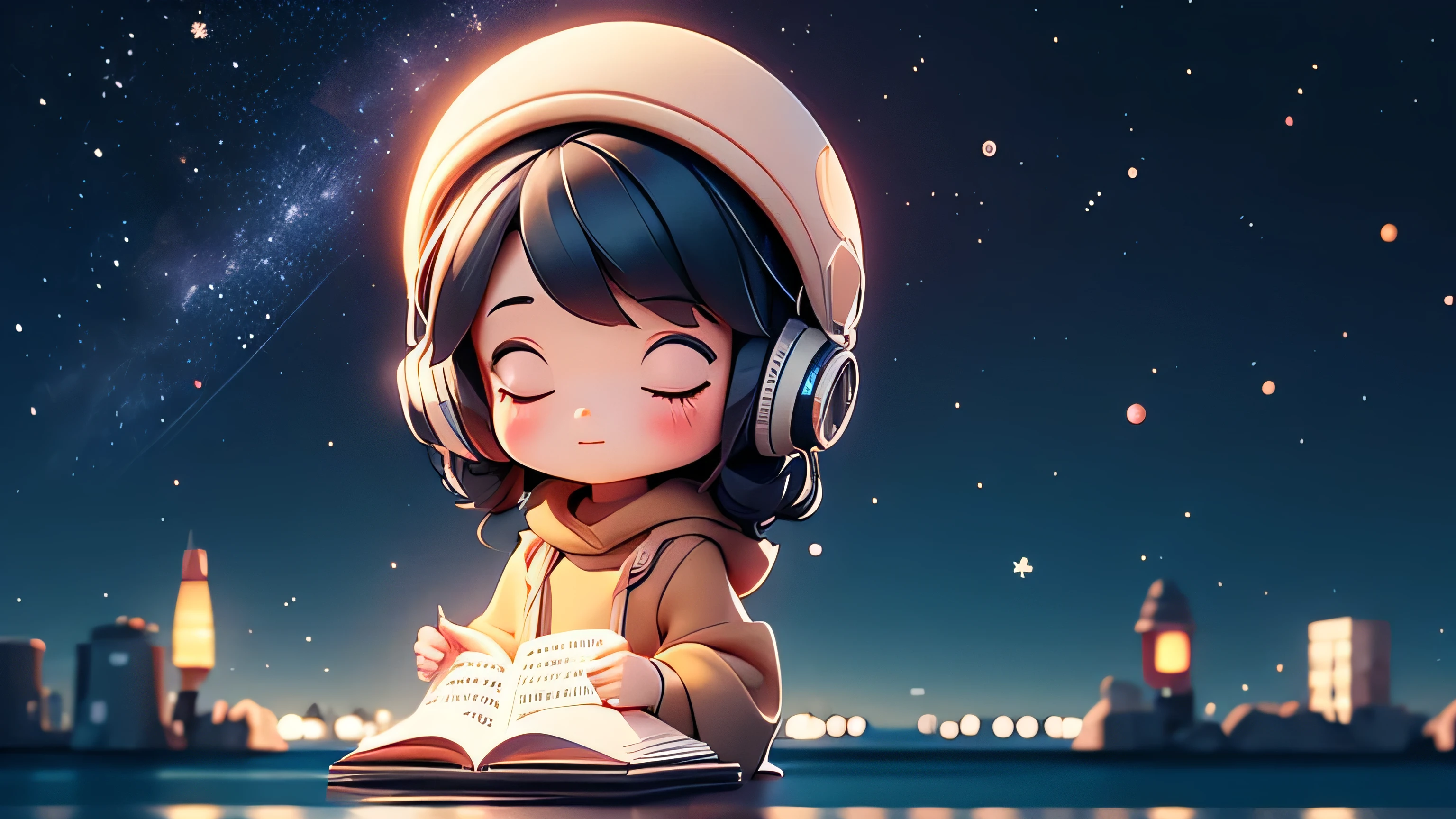 lOfiMusic　Japanese anime style　Girl studying in a cafe　earphone　Warm lighting　Night sky seen from the lake、Many Stars、No person