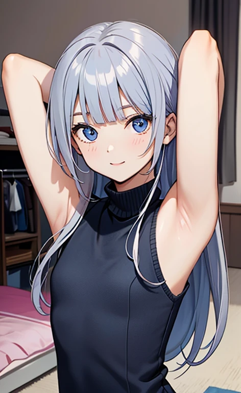 (masterpiece:1.4、top-quality、illustration)、(character focus、,upper body:1.3)、(1girl),(happy:1.3),(exact limbs:1.4),cute face,blue eyes、(tareme:1.3)、(arms up),
(),(stand:1.4),、
(blue grey hair),(long hair:1.5)、
,(her room:1.3),（sleeveless turtleneck sweater:1.5),
(blunt bangs),(sidelocks:1.3), (small breasts)、
、slender、