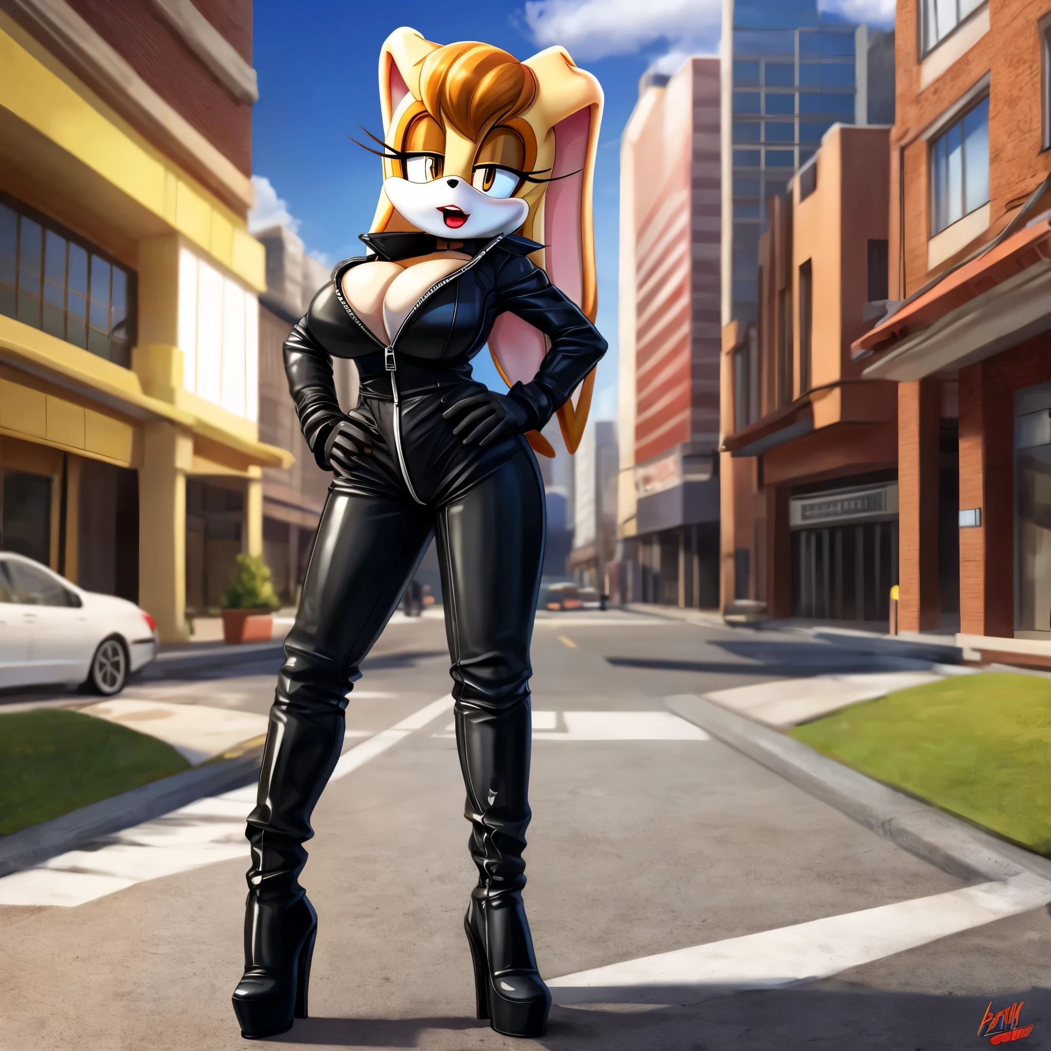 score_9, score_8_up, 2D, flat color, city background, side of highway, motorcycle behind, standing, 1girl, very detailed, extremely detailed, Vanilla the Rabbit from the sonic the hedgehog series, portrait, above shoulder, looking at viewer, puzzled expression, sound lines, open mouth, little bit of lipstick, (makeup), hair down, (long hair), biker, (black long sleeve leather jumpsuit), (black high-heel leather boots), black gloves, zipper slightly open, cleavage, large bust, milf, one hand on hip
