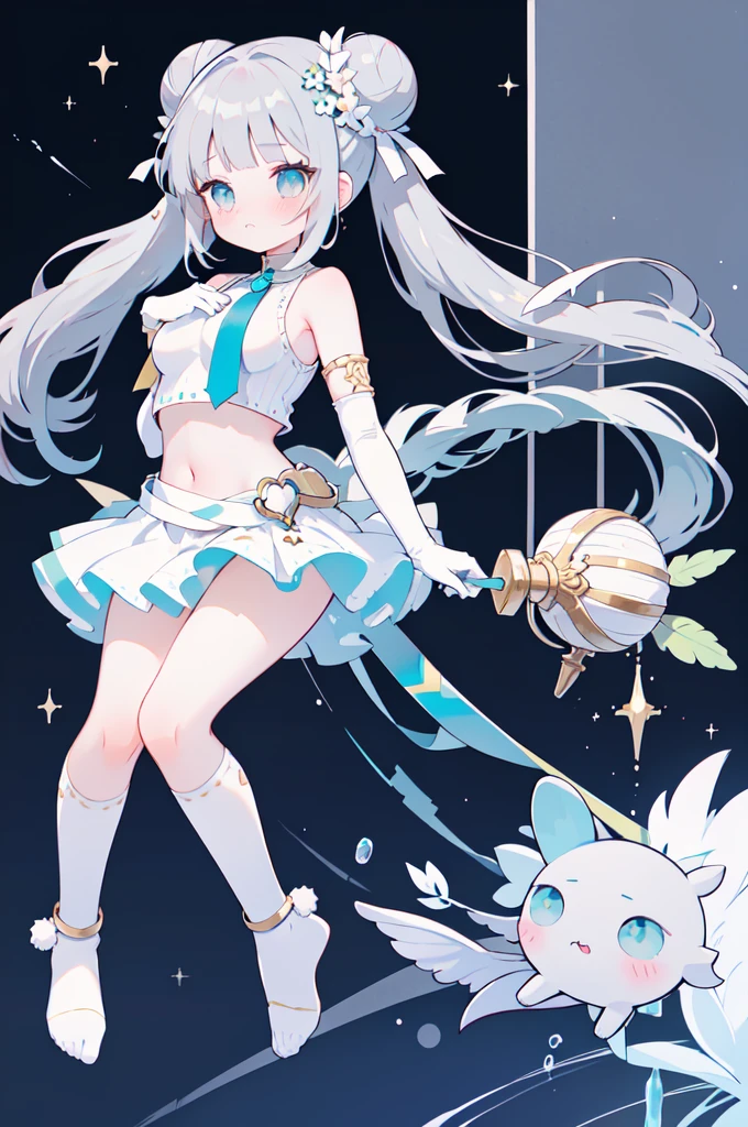 harem, idol, yuri, bishoujo, masterpiece,best quality,official art,extremely detailed CG unity 8k wallpaper, grey hair, long hair, blunt bangs, double_bun, hair flower, beautiful detailed eyes, aqua eyes, blush, shy, nose blush , grey eyes, huge breasts, bare_shoulders, grey sweater crop top, detached_sleeves, white kneehighs, armlet, elbow gloves , wristband, half gloves , no shoe,