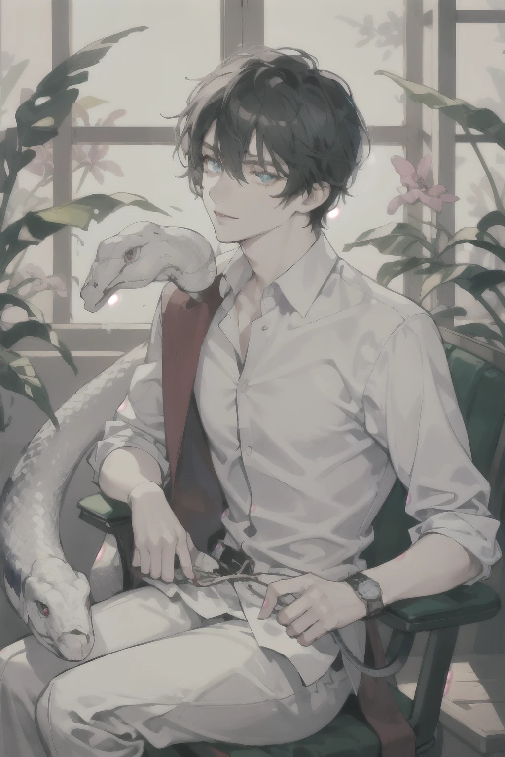 masterpiece, best quality, ultra detailed, (solo man), (male focus), ((Oblong face)), ((Square jawline)), black hair, ((hairs between eyes)), ((shoulder length)), ((narrow blue eye)), fair skin, skinny body, beauty mark, {uniform, outfit, clothes}, dress shirt, watch, big albino snake tangled, (Giving an insincere smile:0.7), sitting on chair