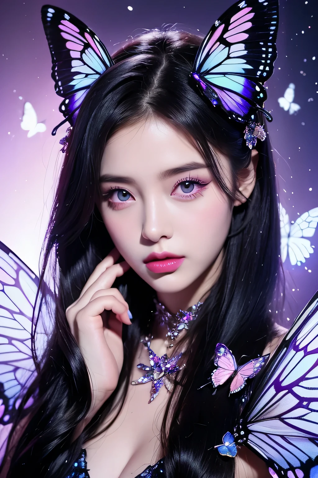 one-girl,Purple erfly anthropomorphic,solo,Sparkling picture,shiny long black hair,Highlights of facial features,putting makeup on,Redlip,Eyes as bright as the Milky Way,Butties emit blue fluorescence,The girl is like a butterfliry,Purple lighting,Highest image quality,Best Masterpiece,Highest image quality,A high resolution