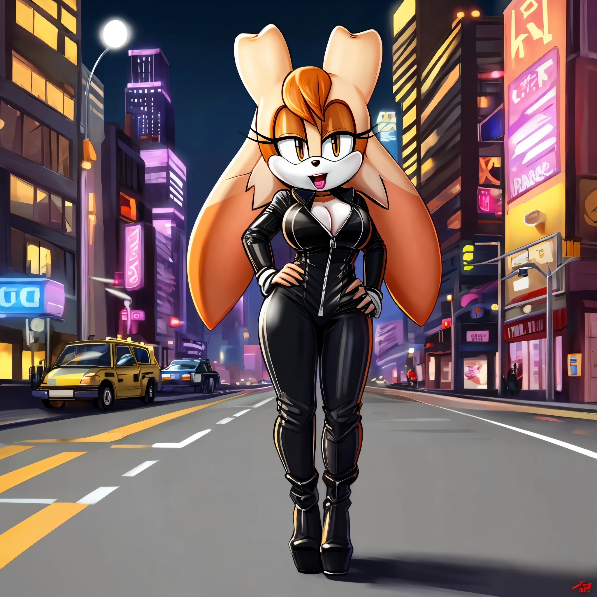 score_9, score_8_up, 2D, flat color, city background, side of highway, motorcycle behind, standing, 1girl, very detailed, extremely detailed, Vanilla the Rabbit from the sonic the hedgehog series, portrait, above shoulder, looking at viewer, puzzled expression, sound lines, open mouth, little bit of lipstick, (makeup), hair down, (long hair), biker, (black long sleeve leather jumpsuit), (black high-heel leather boots), black gloves, zipper slightly open, cleavage, large bust, milf, one hand on hip
